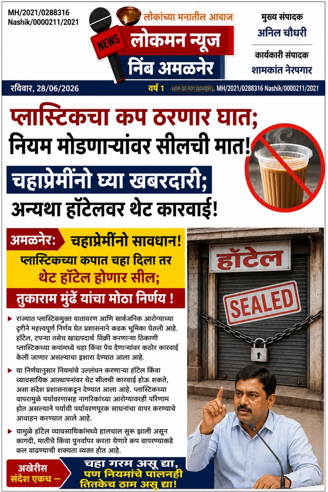 प्लास्टिकचा कप ठरणार घात; नियम मोडणाऱ्यांवर सीलची मात!”“चहाप्रेमींनो घ्या खबरदारी; अन्यथा हॉटेलवर थेट कारवाई!”