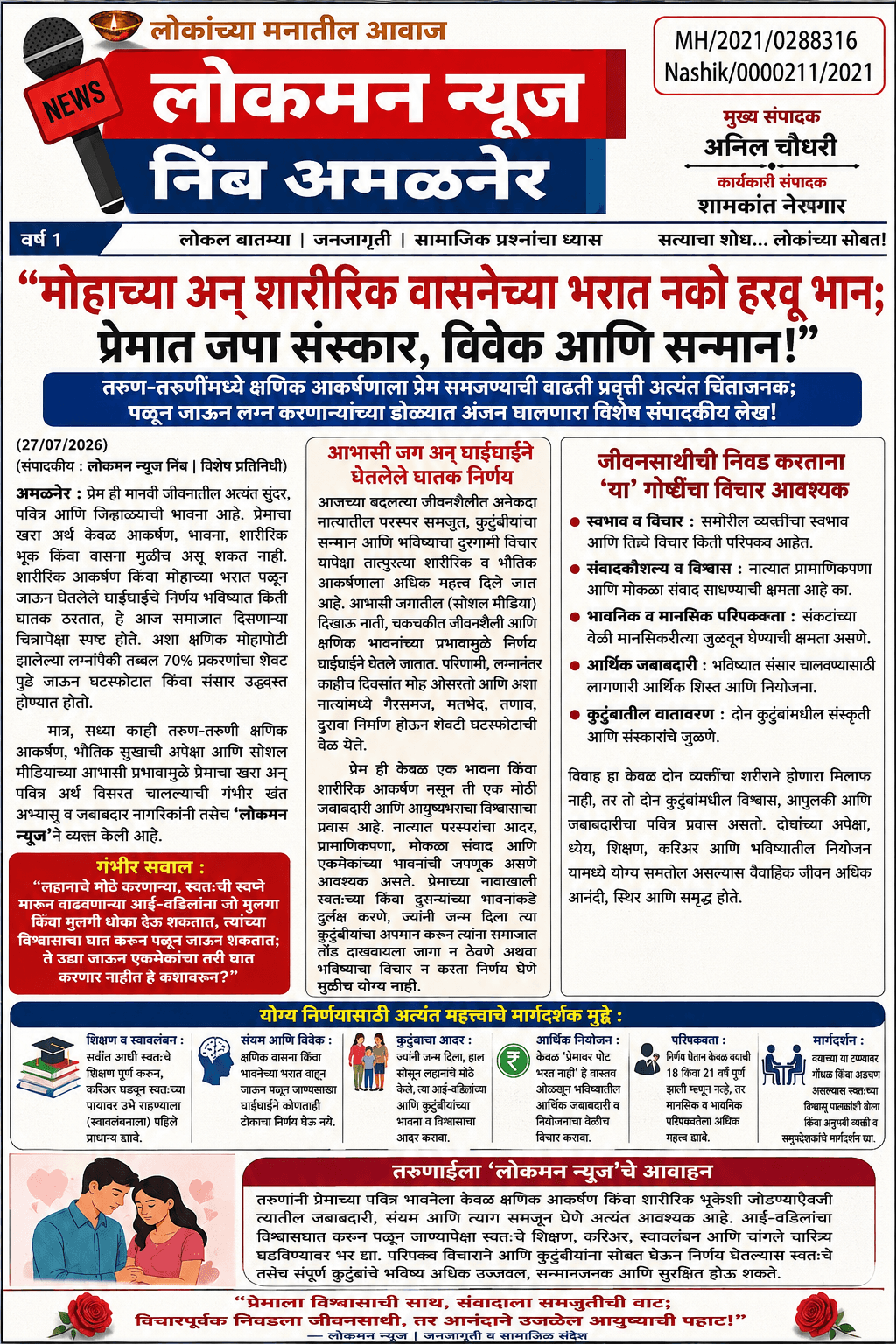 “मोहाच्या अन् शारीरिक वासनेच्या भरात नको हरवू भान;   प्रेमात जपा संस्कार, विवेक आणि सन्मान!”  