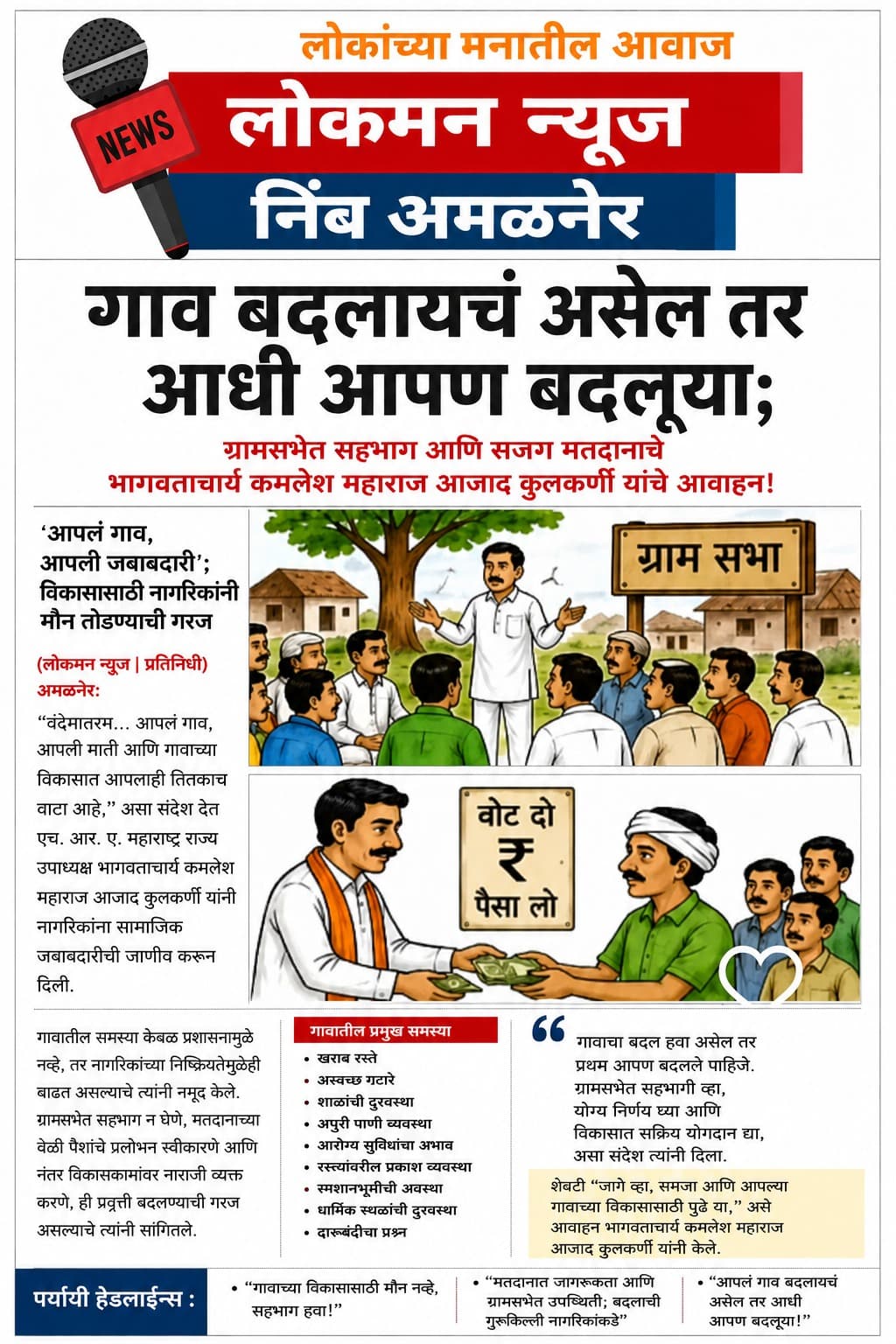 “गाव बदलायचं असेल तर आधी आपण बदलूया; ग्रामसभेत सहभाग आणि सजग मतदानाचे भागवताचार्य कमलेश महाराज आजाद कुलकर्णी यांचे आवाहन!”